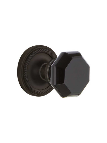 Rope Rosette Door Set with Colored Waldorf Crystal Glass Knobs Black in Oil-Rubbed Bronze.